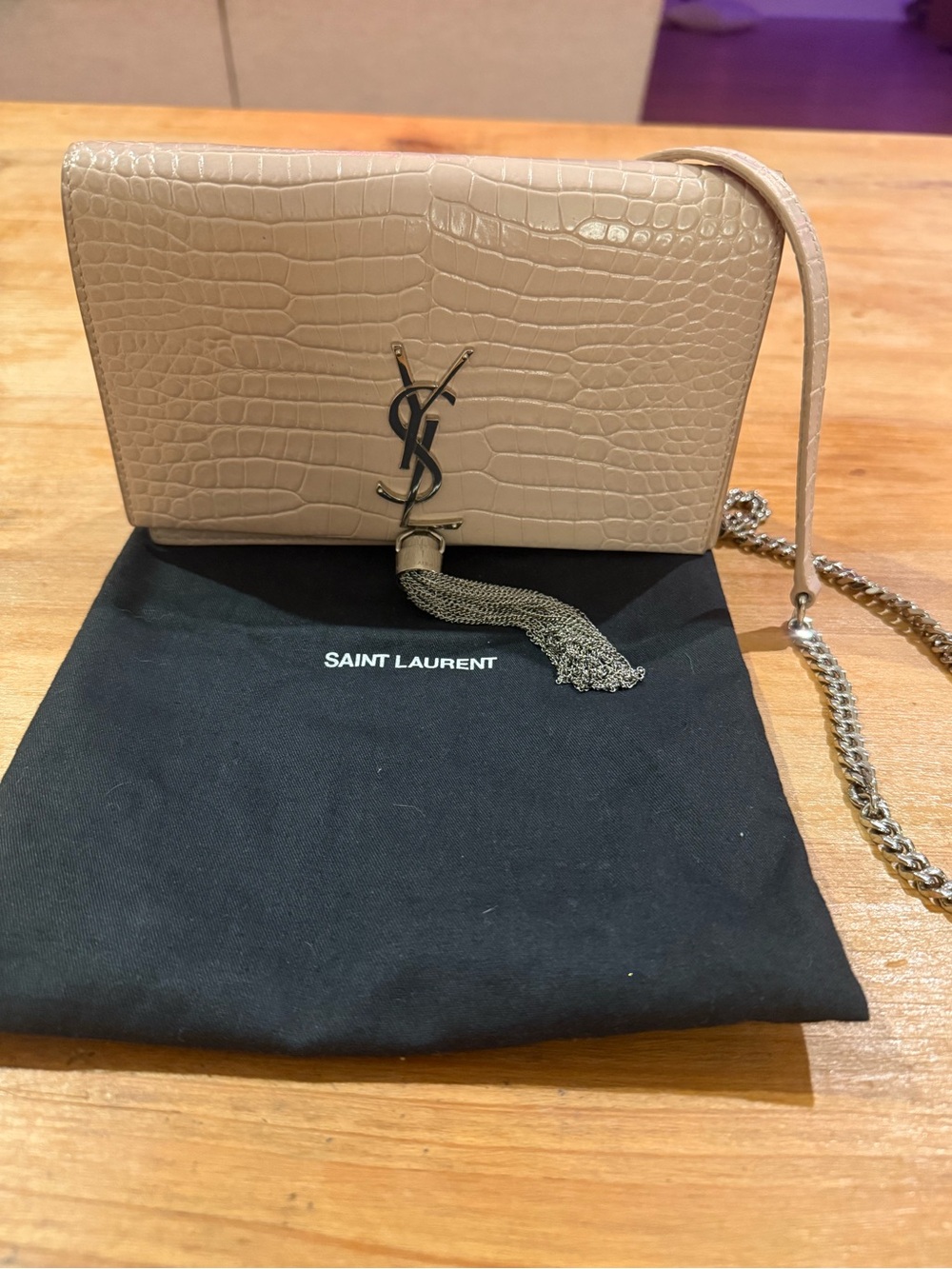 Saint Laurent YSL Kate Small Tassel Croc Embossed Leather Bag Nude Silver
